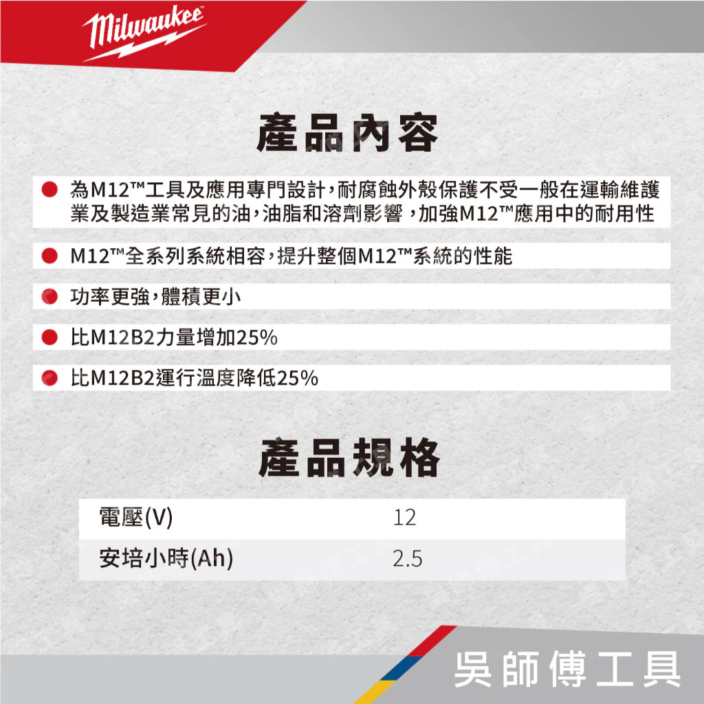 美沃奇 Milwaukee M12 HB2.5 12V高輸出2.5AH鋰電池