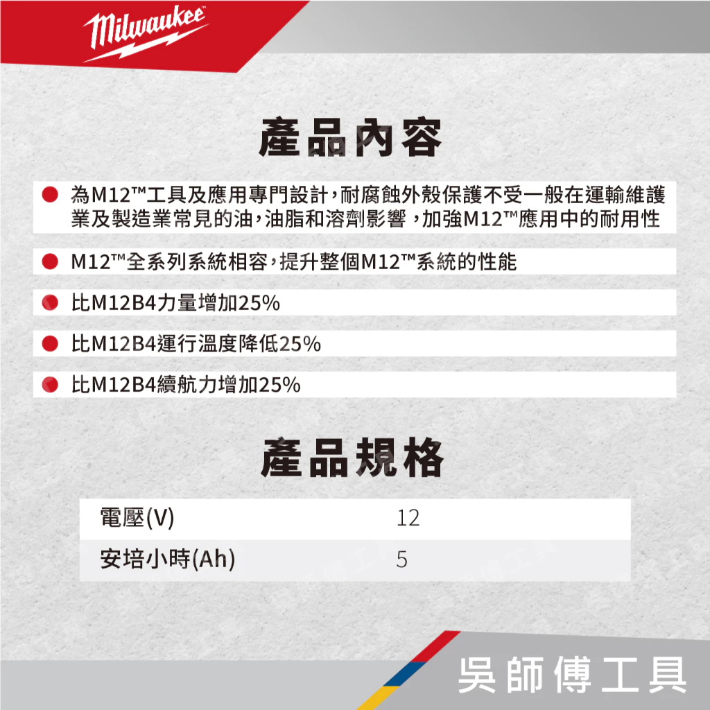 美沃奇 Milwaukee M12 HB5 12V高輸出5.0AH鋰電池