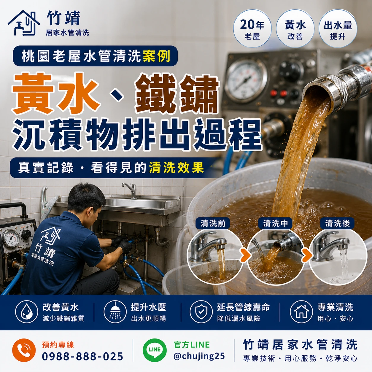 桃園老屋水管清洗案例｜黃水、鐵鏽與沉積物是怎麼排出來的？