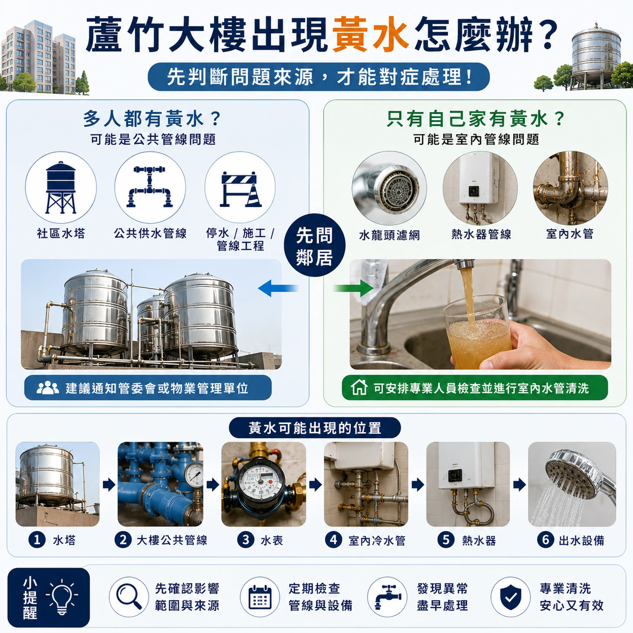 蘆竹大樓住家出現黃水時,先判斷社區公共管線、室內冷水管或熱水管問題。