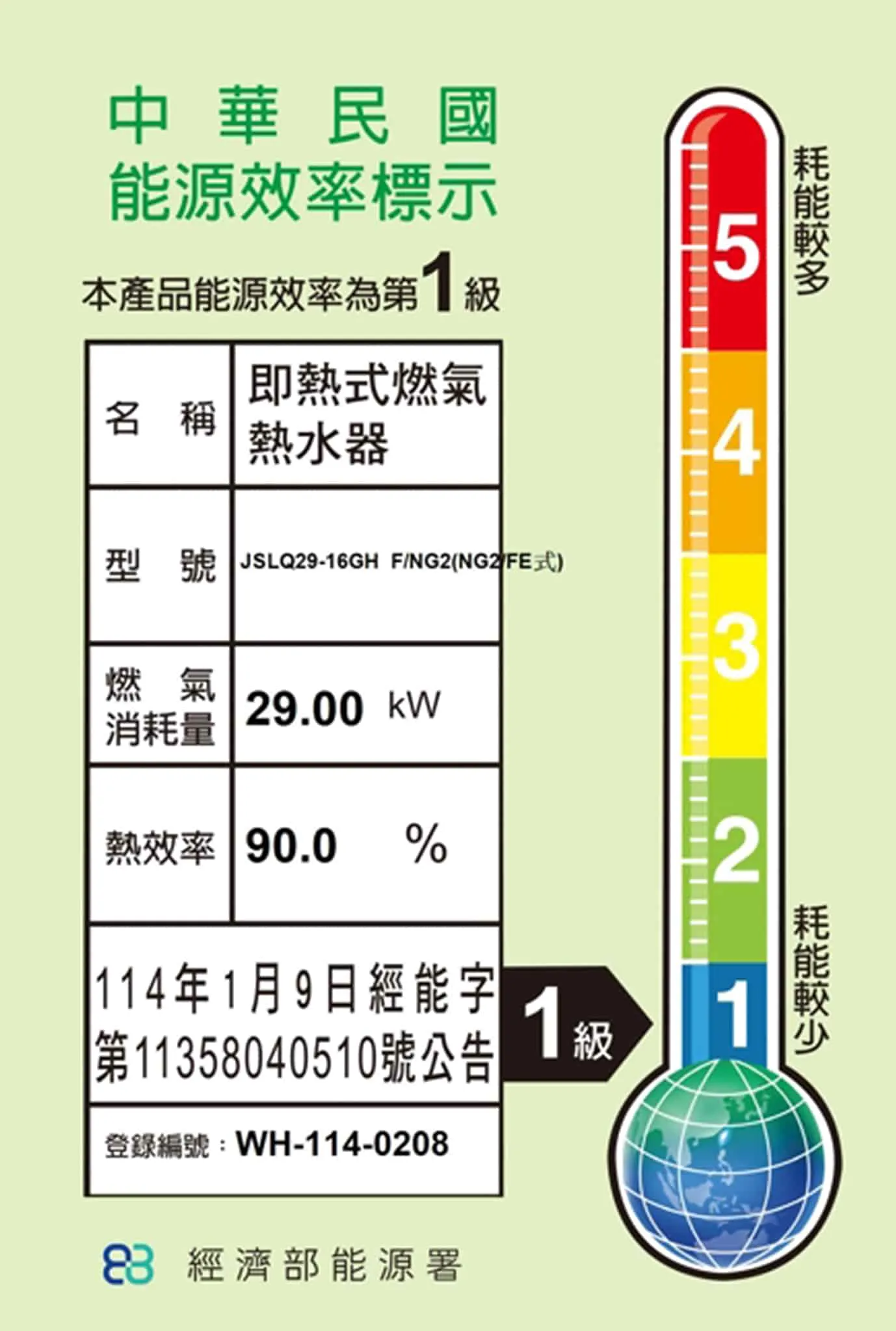 一級能效 冷凝式節能燃氣熱水器 16L