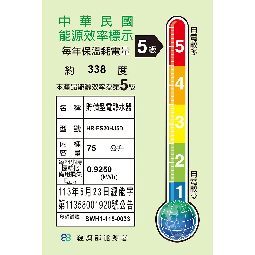 調溫型 儲熱式電熱水器5D 20加侖