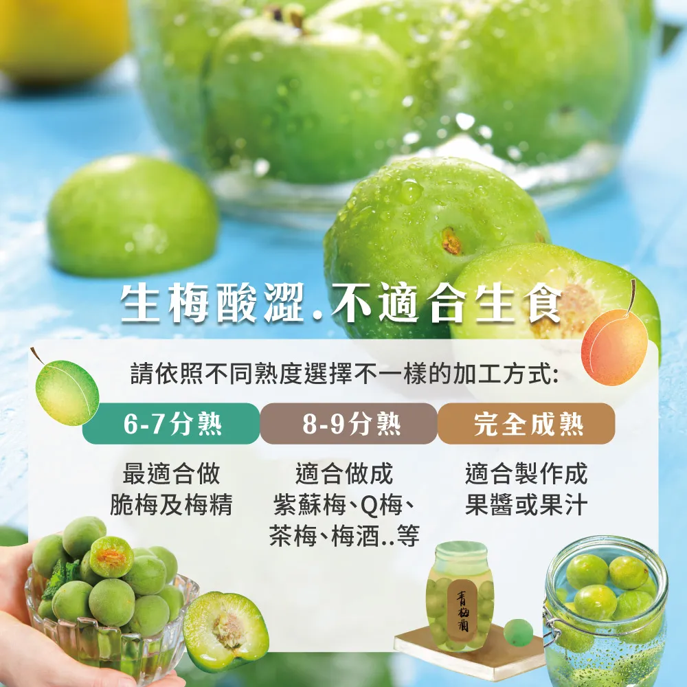 生梅酸澀.不適合生食請依照不同度選擇不一樣的加工方式:6-7分熟最適合做脆梅及梅精8-9分熟完全成熟適合做成適合製作成紫蘇梅、Q梅、茶梅、梅..果醬或果汁