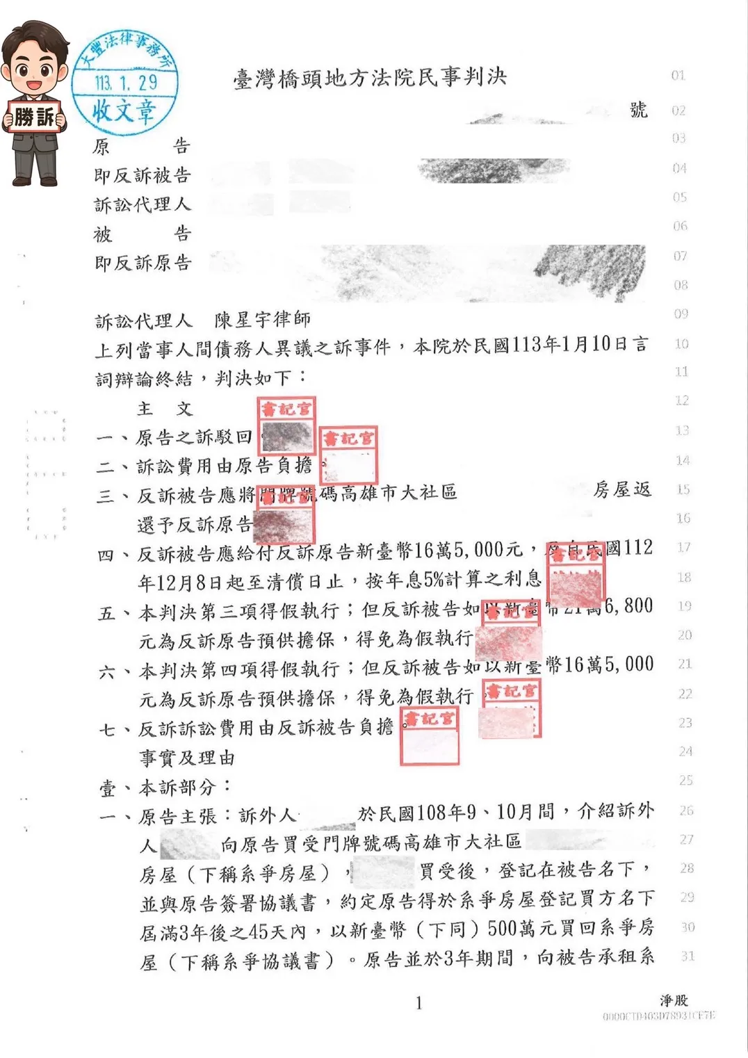 【民事勝訴案例】行使房屋買回權未成，反遭提告返還房屋並求償16.5萬元！