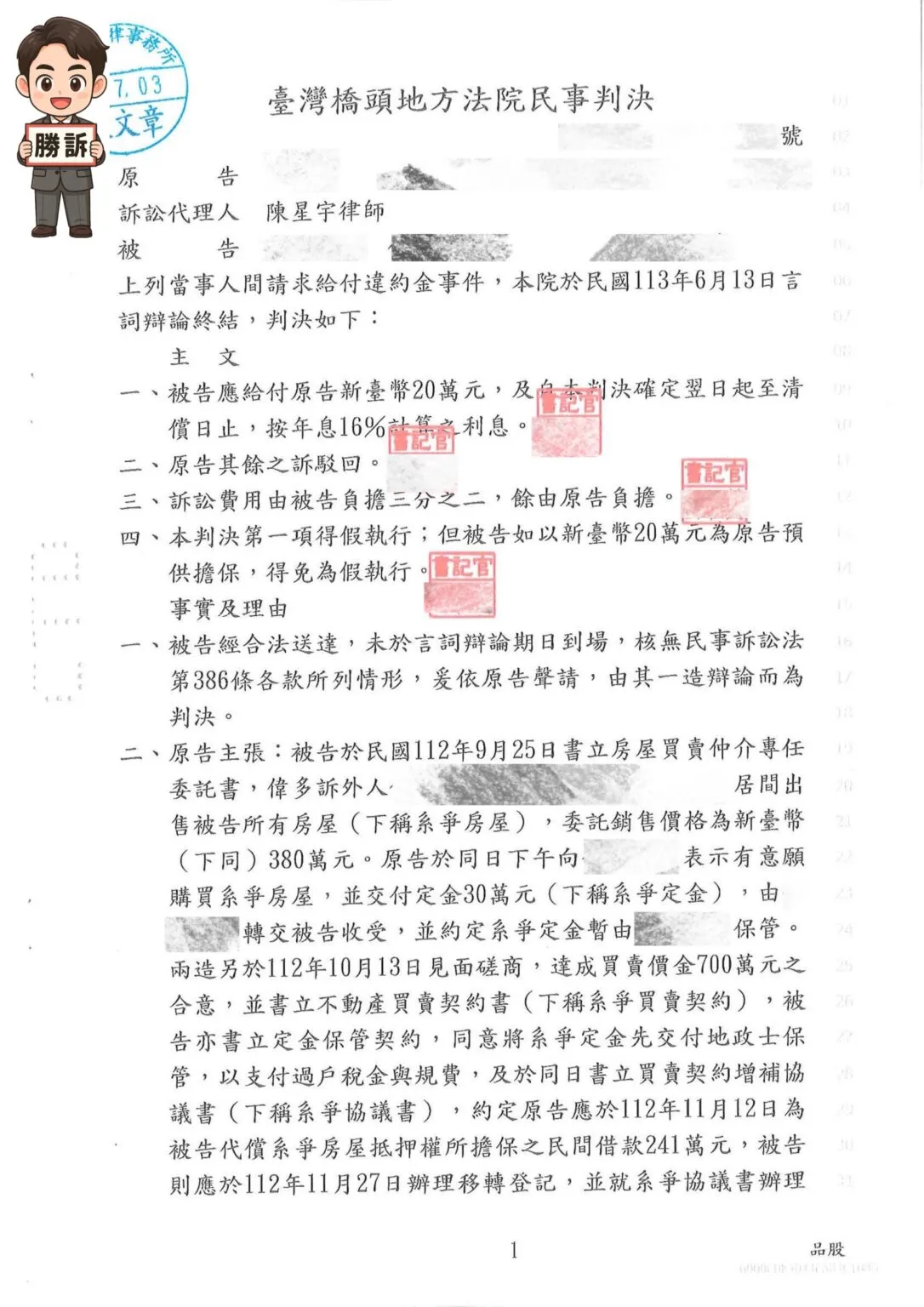 【民事勝訴案例】房屋買賣違約金爭議，律師助當事人爭取20萬賠償！