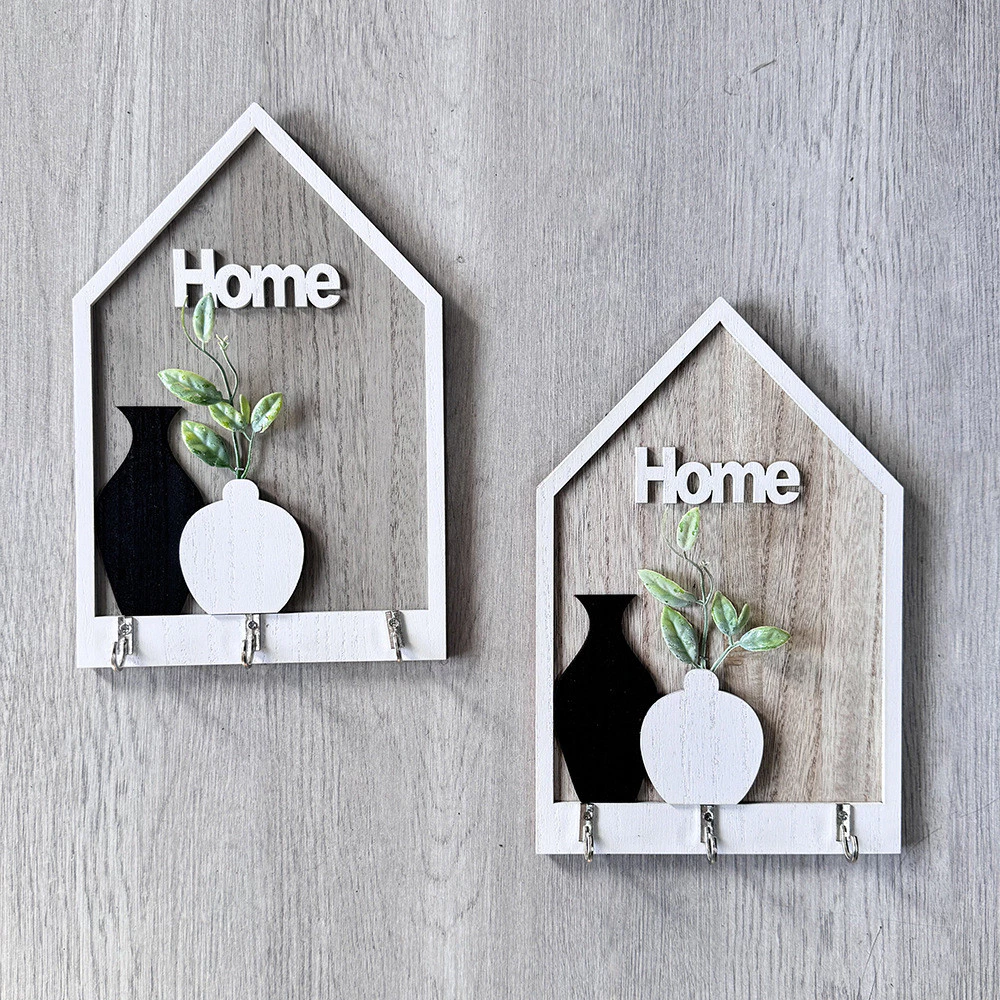 北歐木質壁掛牌鑰匙掛勾 HOME花瓶裝飾造型 鄉村風玄關客廳牆上鑰匙收納掛勾 台灣出貨