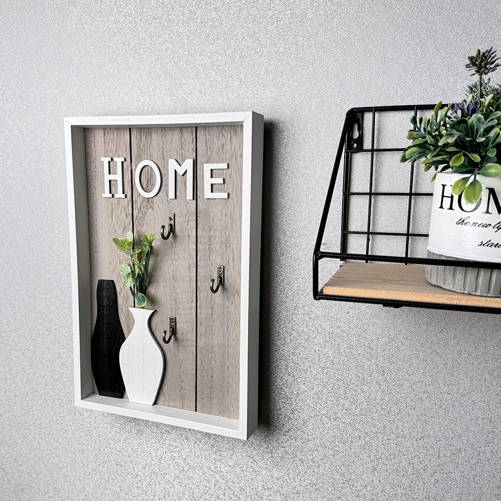 ins北歐方型木質壁掛牌鑰匙掛勾 HOME花瓶綠植裝飾造型 鄉村風玄關客廳牆上鑰匙 台灣出貨
