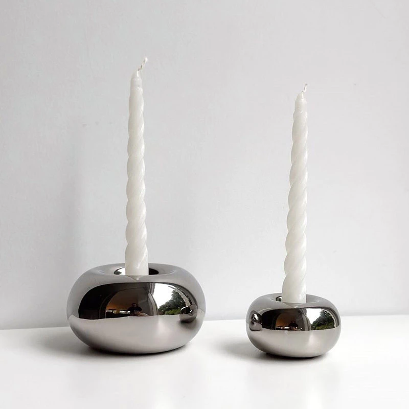 簡約ins銀色圓陶瓷燭台擺飾 餐桌亮點裝飾擺飾現 活動蠟燭台 台灣出貨