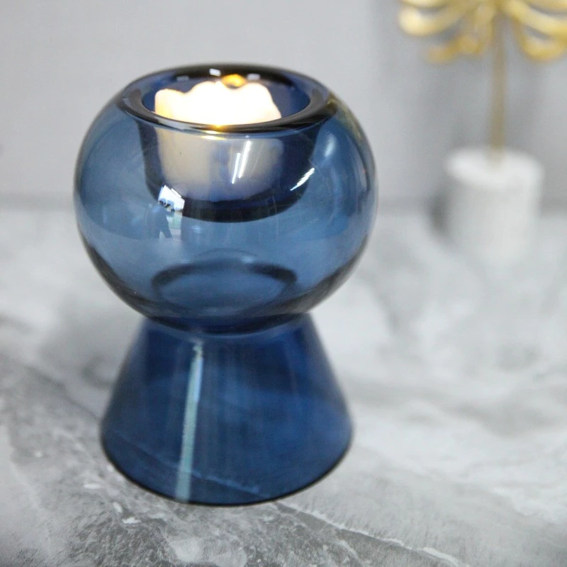 文創兩用玻璃花器擺飾 燭台花瓶 深海藍玻璃燭台單只花瓶布置擺飾品 台灣出貨