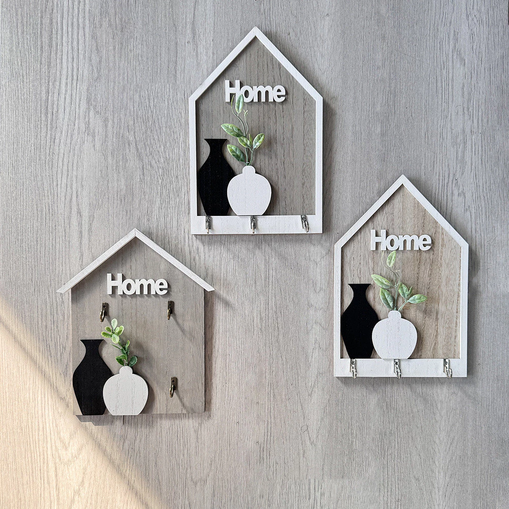 北歐木質壁掛牌鑰匙掛勾 HOME花瓶裝飾造型 鄉村風玄關客廳牆上鑰匙收納掛勾 台灣出貨