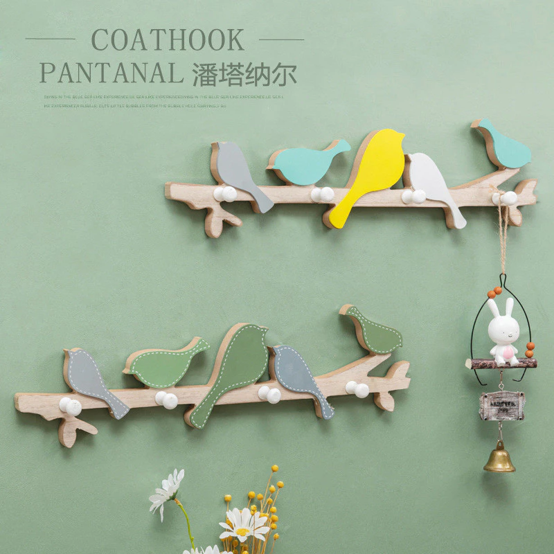 北歐小鳥掛勾(4勾)木質加厚掛衣勾免打孔掛牆釘牆排勾創意一排衣帽架 台灣出貨