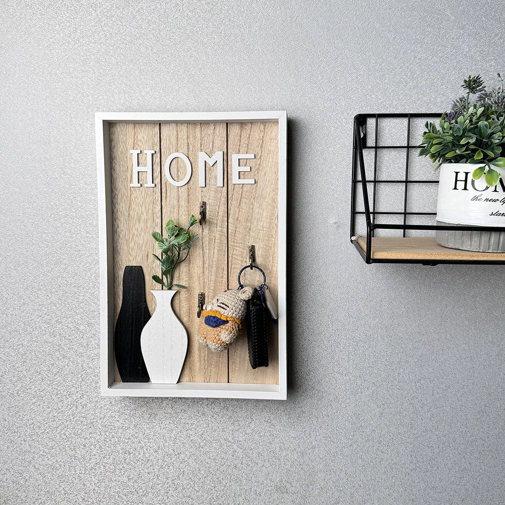 ins北歐方型木質壁掛牌鑰匙掛勾 HOME花瓶綠植裝飾造型 鄉村風玄關客廳牆上鑰匙 台灣出貨