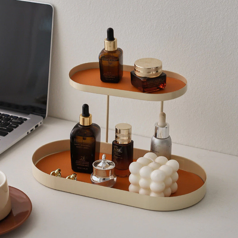 檯面整理術 化妝品收納盒 香薰桌面托盤 洗漱臺梳妝台 玄關鑰匙置物鐵製雙層架 台灣出貨