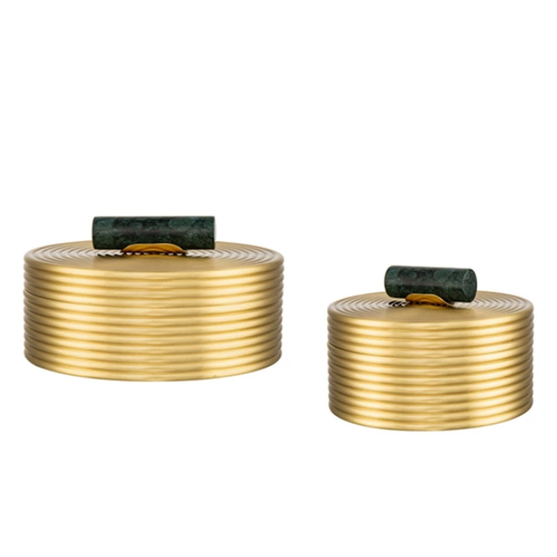 現代新中式擺件樣板間臥室妝台銅色首飾盒圓形首飾盒書房裝飾盒