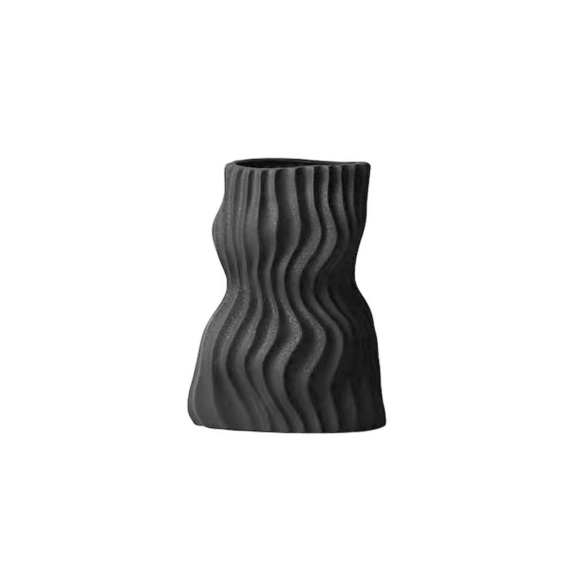 現代簡約黑色白色波紋收腰花器樣板房桌面裝飾藝術花瓶擺件