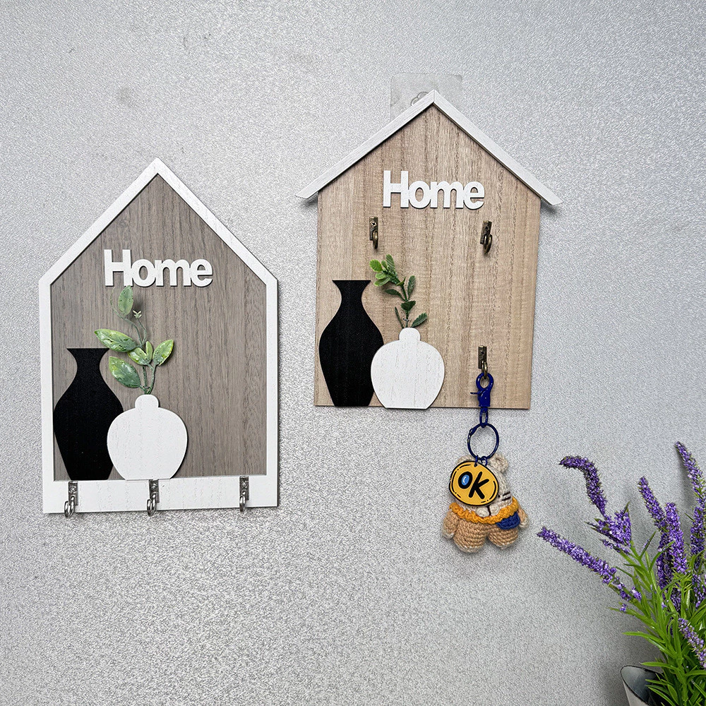 北歐木質壁掛牌鑰匙掛勾 HOME花瓶裝飾造型 鄉村風玄關客廳牆上鑰匙收納掛勾 台灣出貨