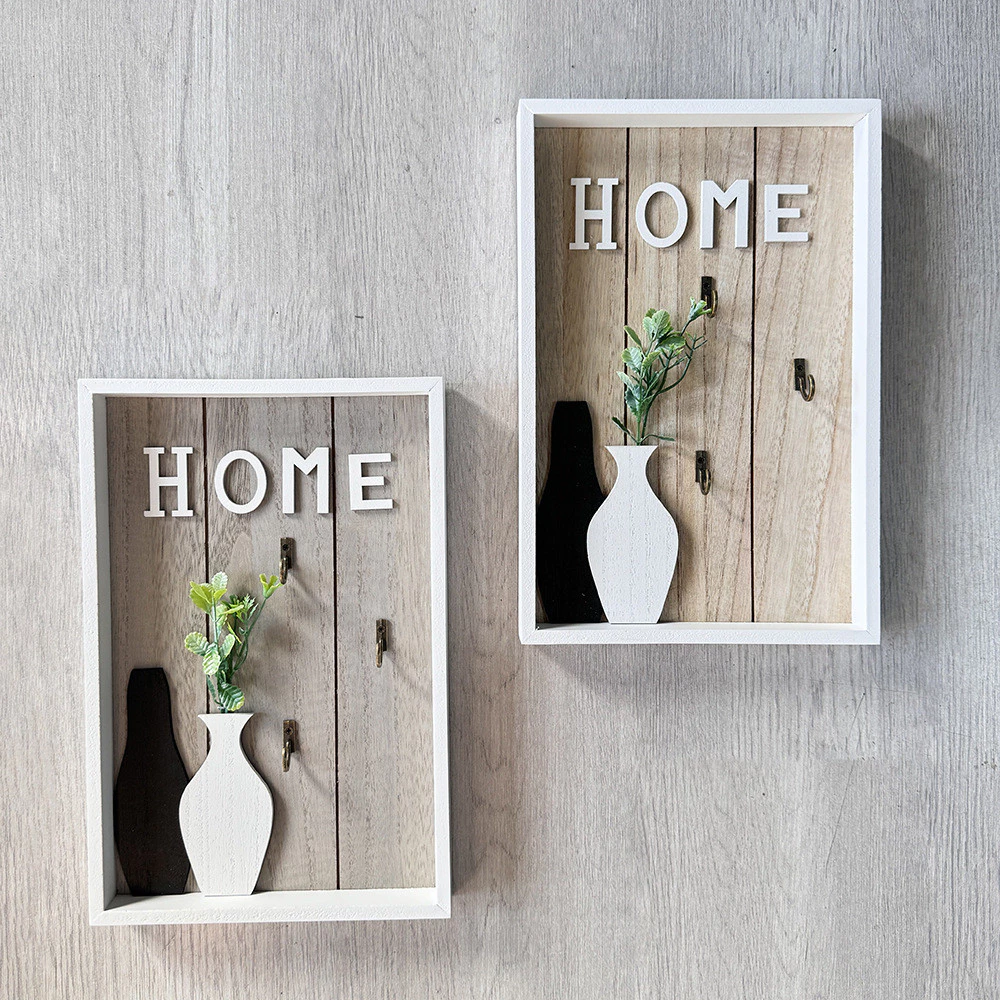 ins北歐方型木質壁掛牌鑰匙掛勾 HOME花瓶綠植裝飾造型 鄉村風玄關客廳牆上鑰匙 台灣出貨