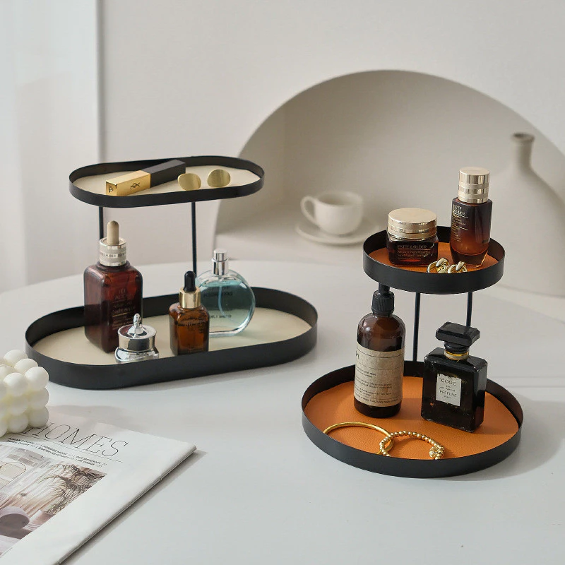 檯面整理術 化妝品收納盒 香薰桌面托盤 洗漱臺梳妝台 玄關鑰匙置物鐵製雙層架 台灣出貨
