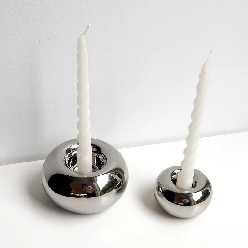 簡約ins銀色圓陶瓷燭台擺飾 餐桌亮點裝飾擺飾現 活動蠟燭台 台灣出貨