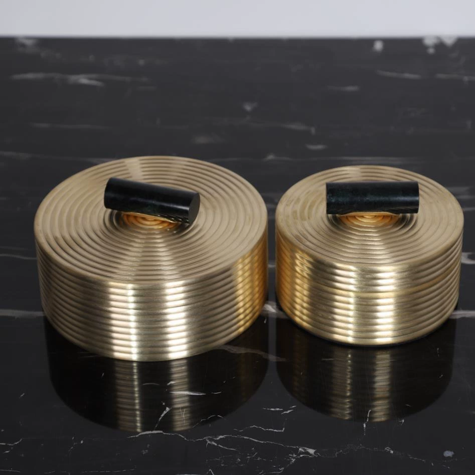 現代新中式擺件樣板間臥室妝台銅色首飾盒圓形首飾盒書房裝飾盒