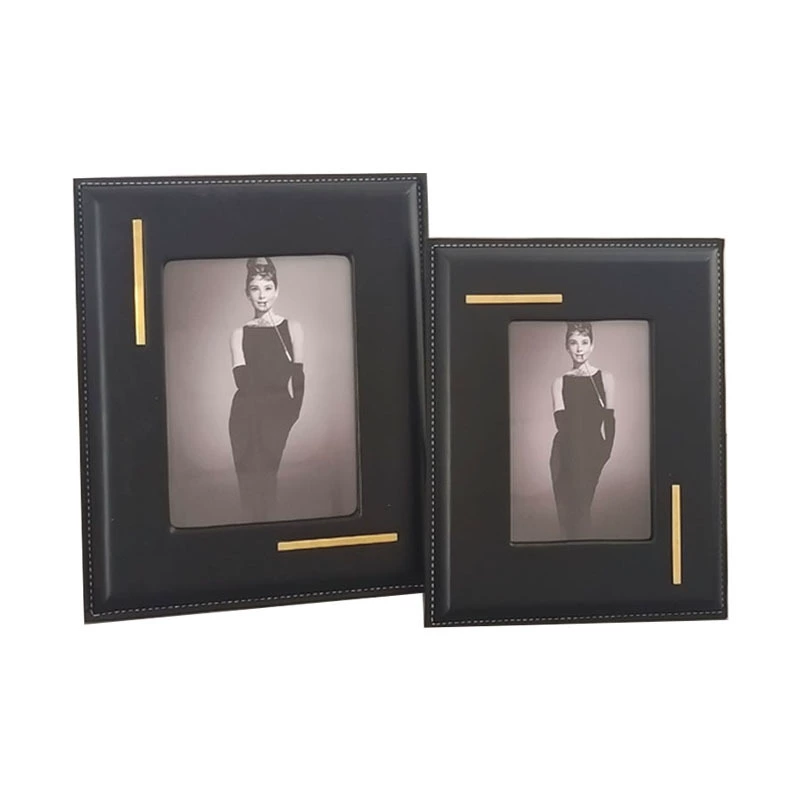 輕奢相框樣板間主臥室書桌面擺台樣板房皮革金屬相框擺件輕奢