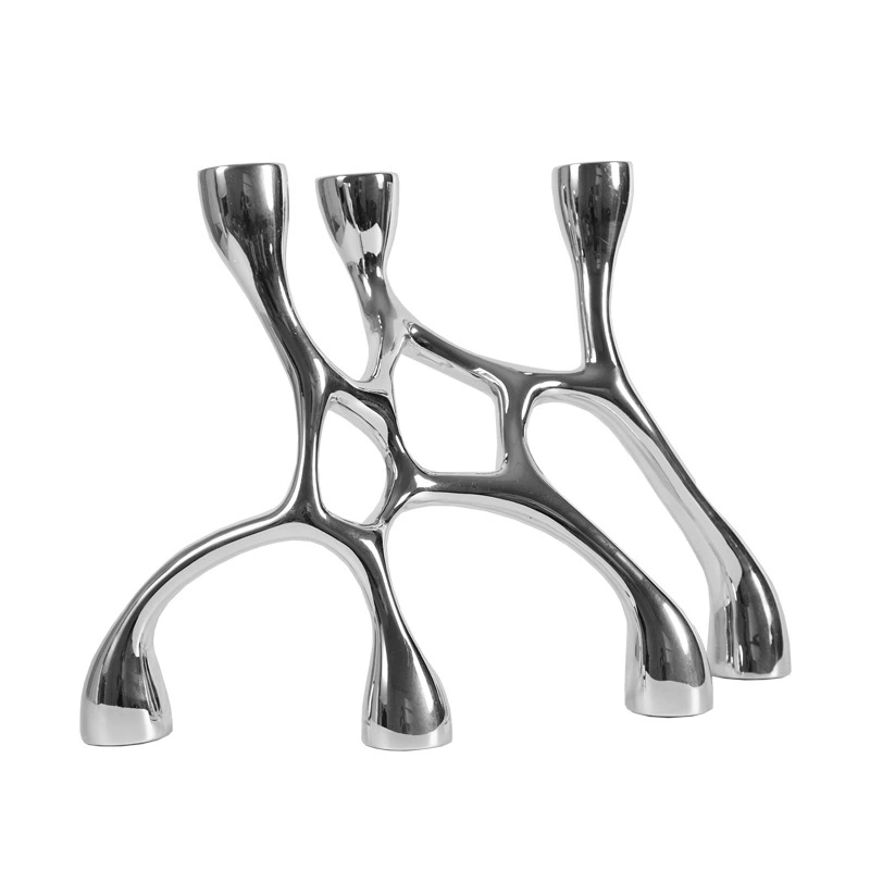 現代簡約銀色黑色幾何交織網狀樹脂燭臺家居樣板間售樓處玄關擺件