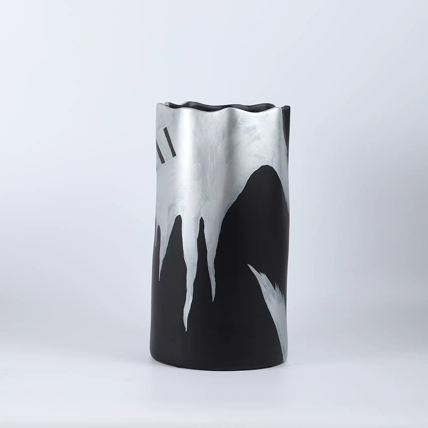 新中式水墨黑白手繪樹脂花瓶花器玄關客廳插花樣板間餐桌軟裝擺件