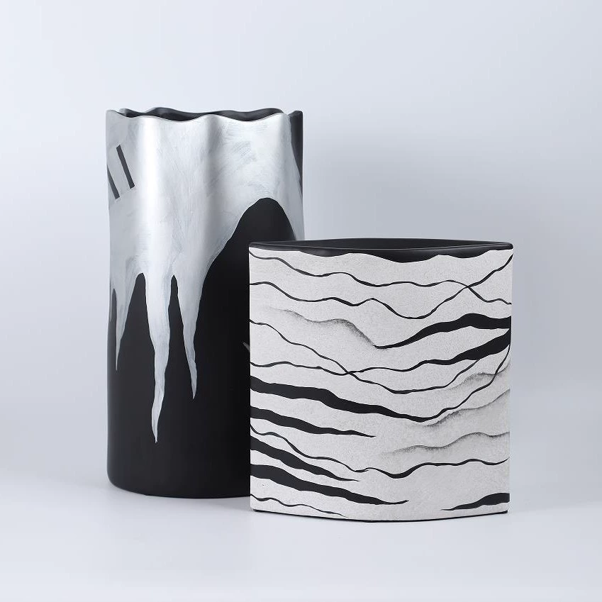 新中式水墨黑白手繪樹脂花瓶花器玄關客廳插花樣板間餐桌軟裝擺件