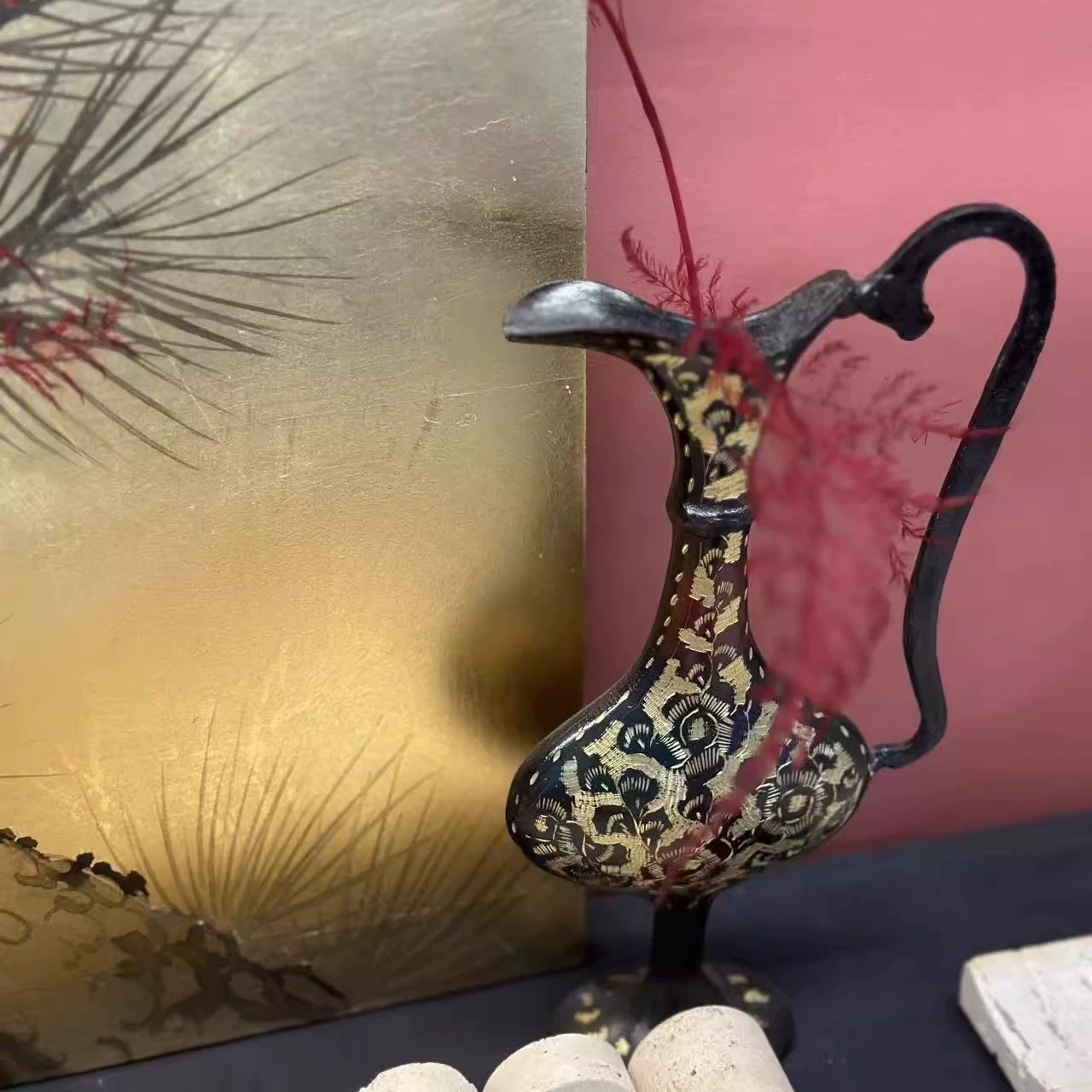 新中式裝飾畫高級迎客松設計師款家居軟裝飾品擺件婚紗照桌面擺台