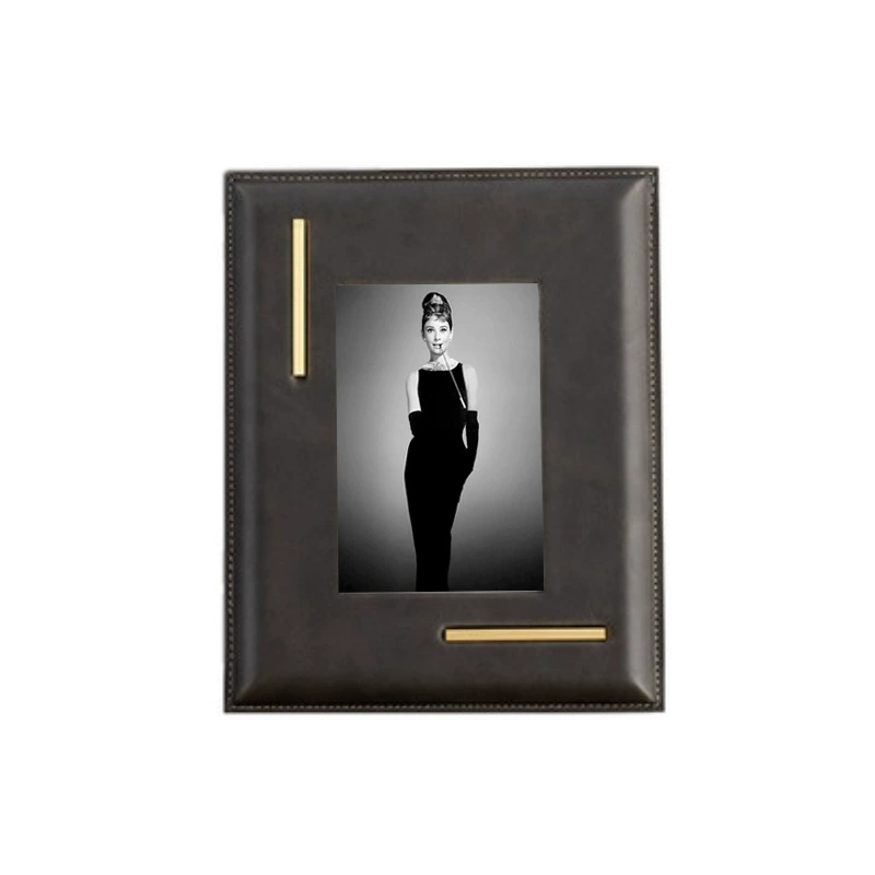 輕奢相框樣板間主臥室書桌面擺台樣板房皮革金屬相框擺件輕奢