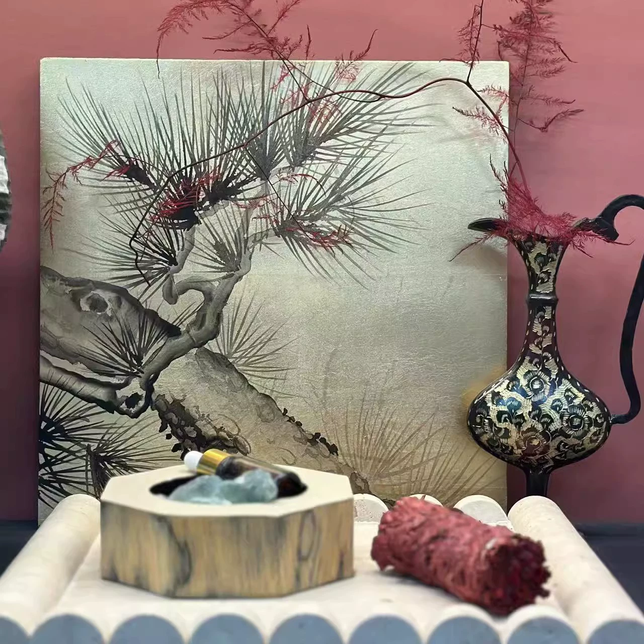 新中式裝飾畫高級迎客松設計師款家居軟裝飾品擺件婚紗照桌面擺台