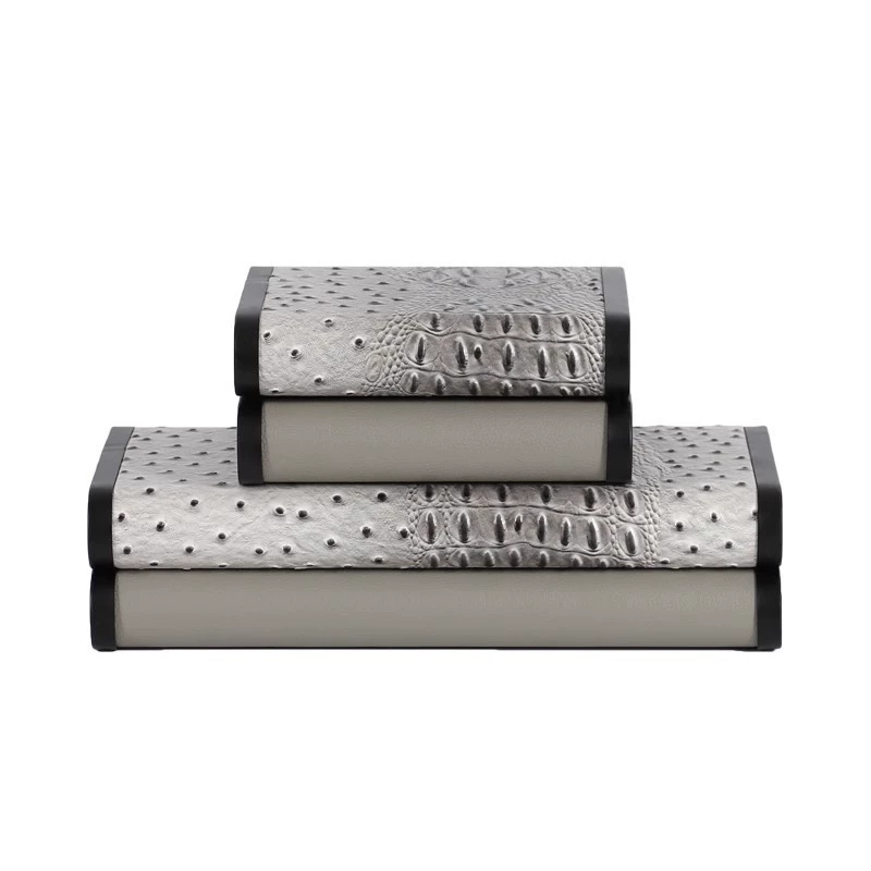 現代意式極簡輕奢鱷魚紋灰色皮革收納盒擺件書房桌面家居裝飾擺件