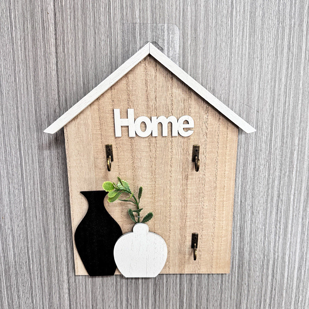 北歐木質壁掛牌鑰匙掛勾 HOME花瓶裝飾造型 鄉村風玄關客廳牆上鑰匙收納掛勾 台灣出貨