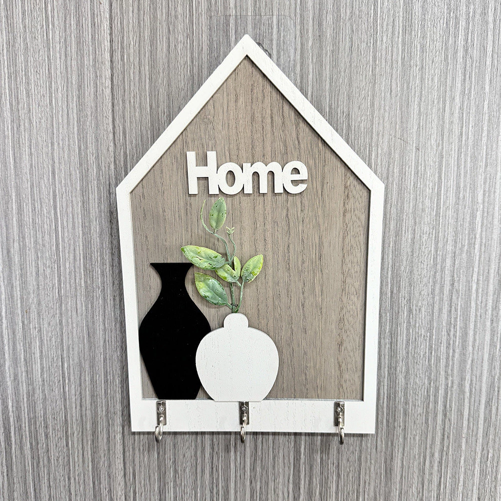 北歐木質壁掛牌鑰匙掛勾 HOME花瓶裝飾造型 鄉村風玄關客廳牆上鑰匙收納掛勾 台灣出貨