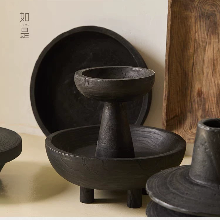 侘寂風做舊木質果盤手工藝品乾果盤藝術自然系民宿復古擺件