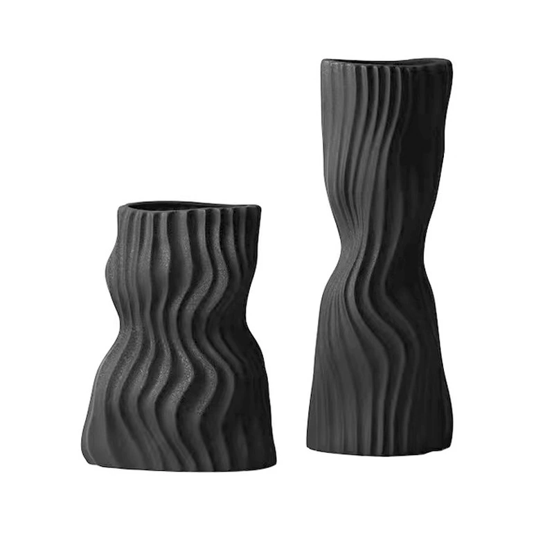 現代簡約黑色白色波紋收腰花器樣板房桌面裝飾藝術花瓶擺件