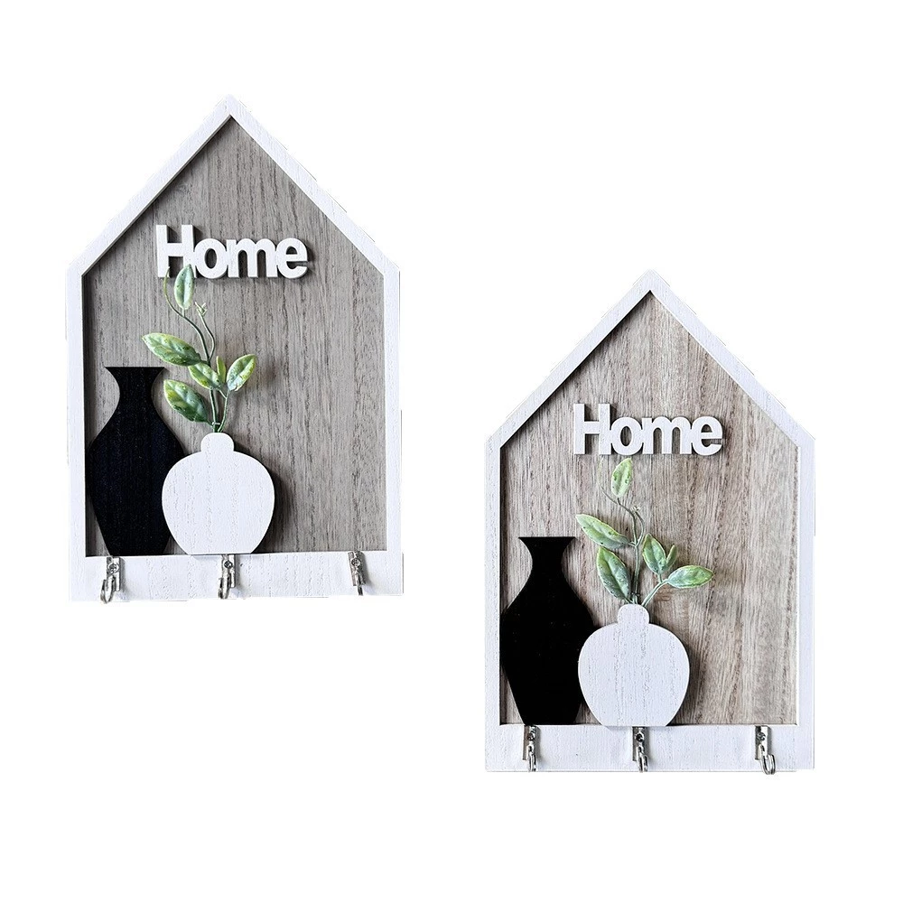 北歐木質壁掛牌鑰匙掛勾 HOME花瓶裝飾造型 鄉村風玄關客廳牆上鑰匙收納掛勾 台灣出貨