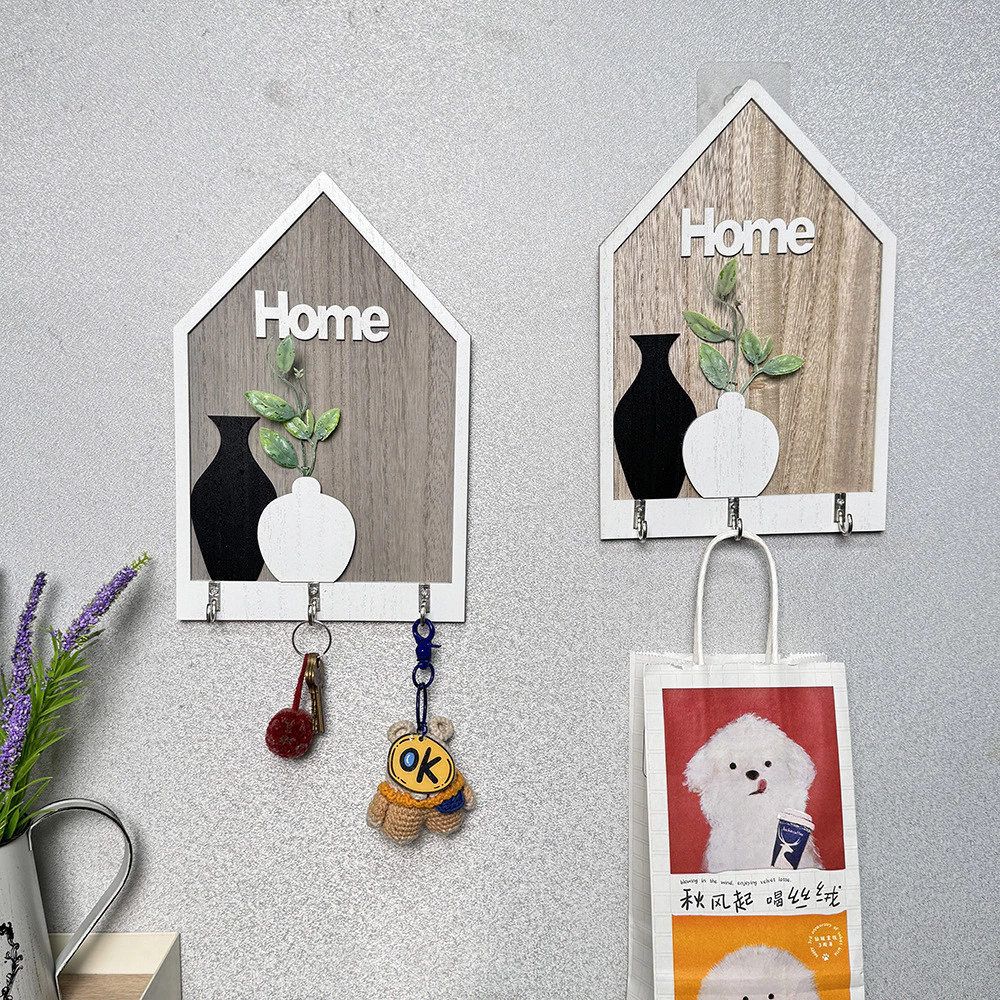 北歐木質壁掛牌鑰匙掛勾 HOME花瓶裝飾造型 鄉村風玄關客廳牆上鑰匙收納掛勾 台灣出貨