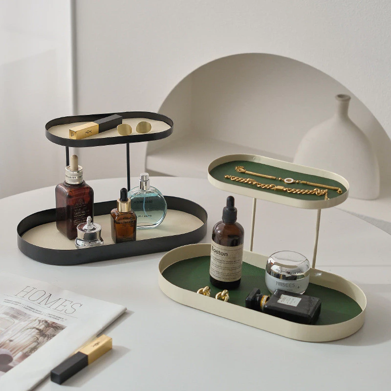檯面整理術 化妝品收納盒 香薰桌面托盤 洗漱臺梳妝台 玄關鑰匙置物鐵製雙層架 台灣出貨