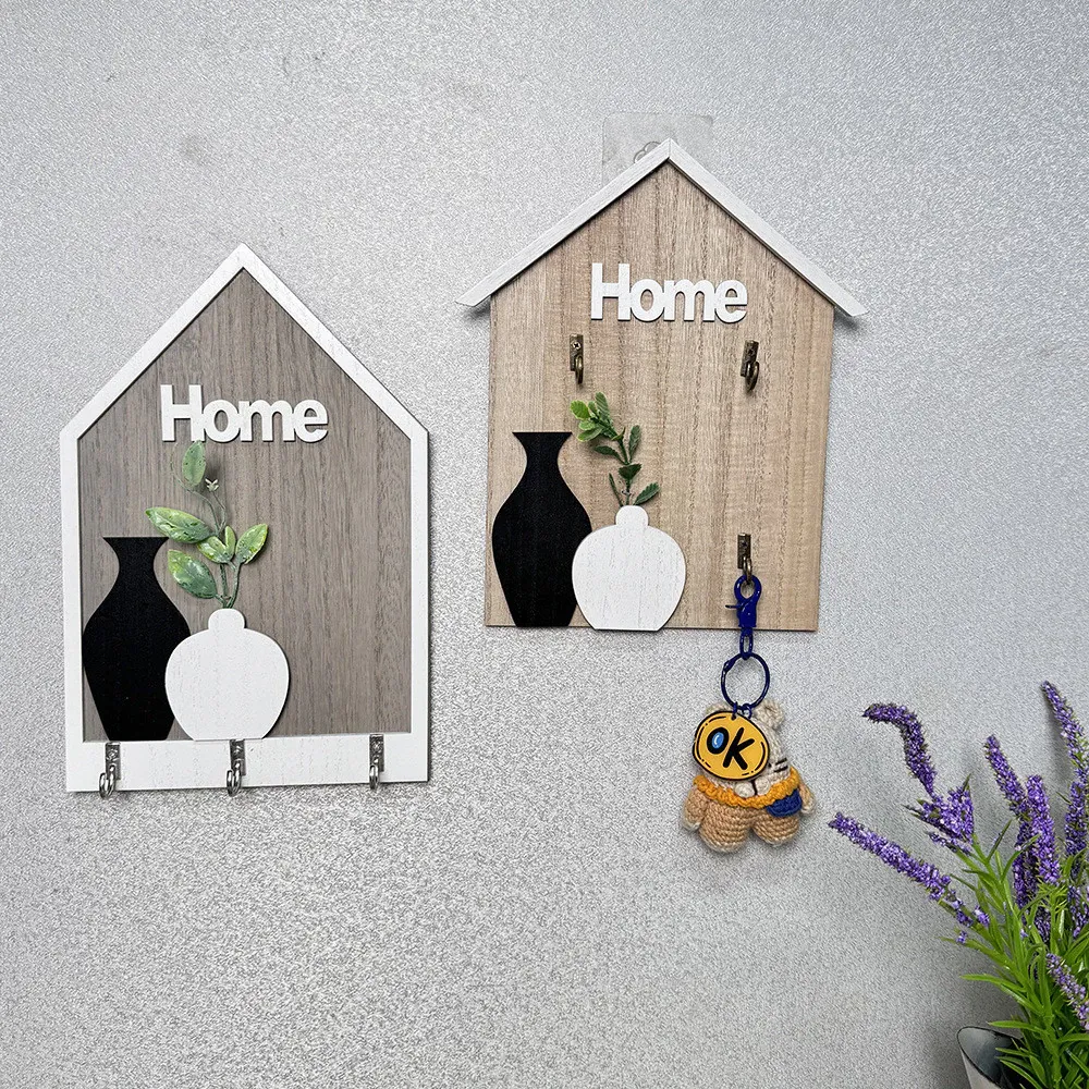 北歐木質壁掛牌鑰匙掛勾 HOME花瓶裝飾造型 鄉村風玄關客廳牆上鑰匙收納掛勾 台灣出貨