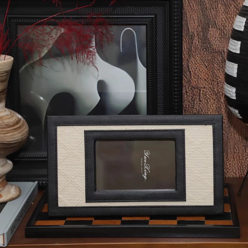 簡約高級感編織皮質相框設計師款家居軟裝飾品擺件婚紗照桌面擺台