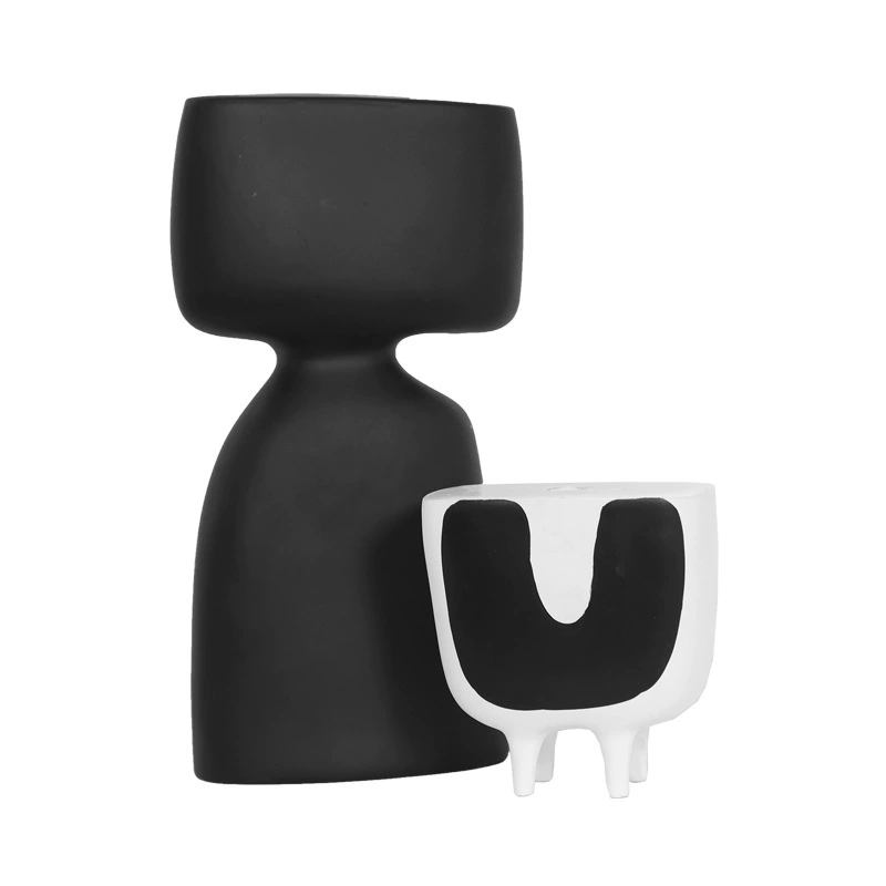 現代簡約黑白幾何裝飾擺件北歐樣板房樹脂抽象人物雕塑異形插花器