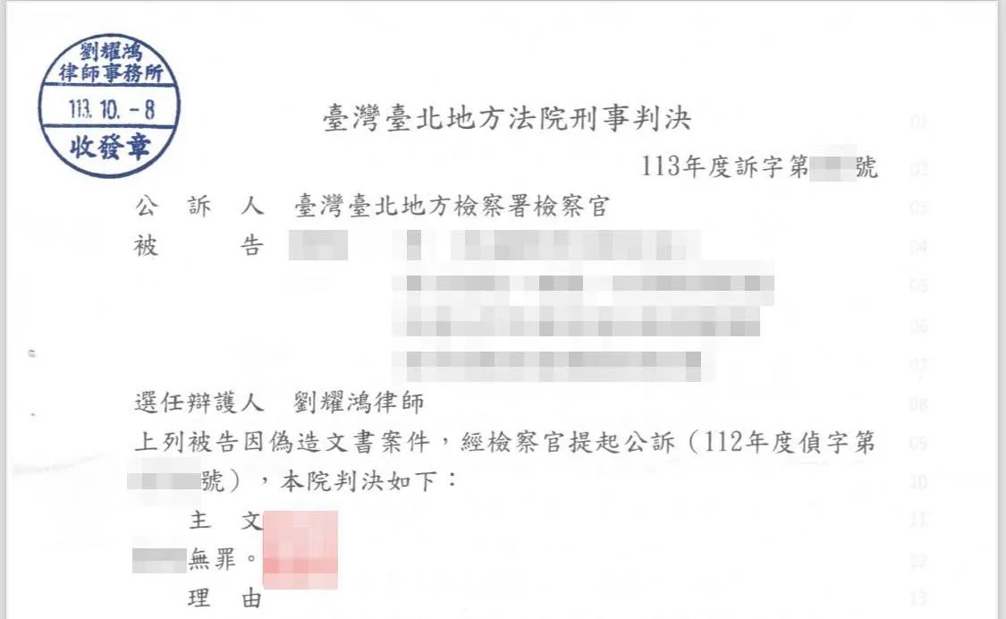 <成功為當事人取得無罪勝訴判決>