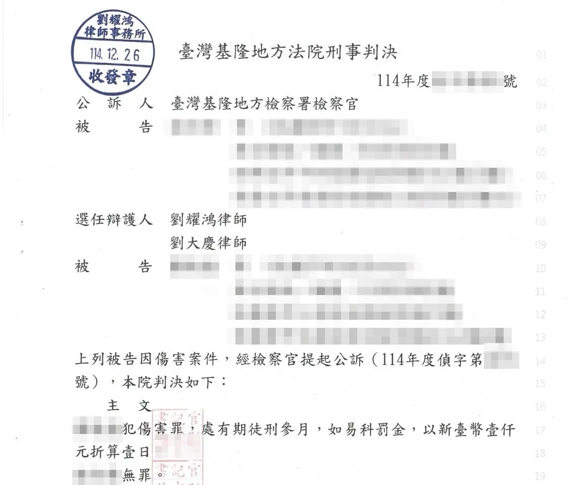 <順利協助當事人取得無罪判決，並且成功讓被告定罪>