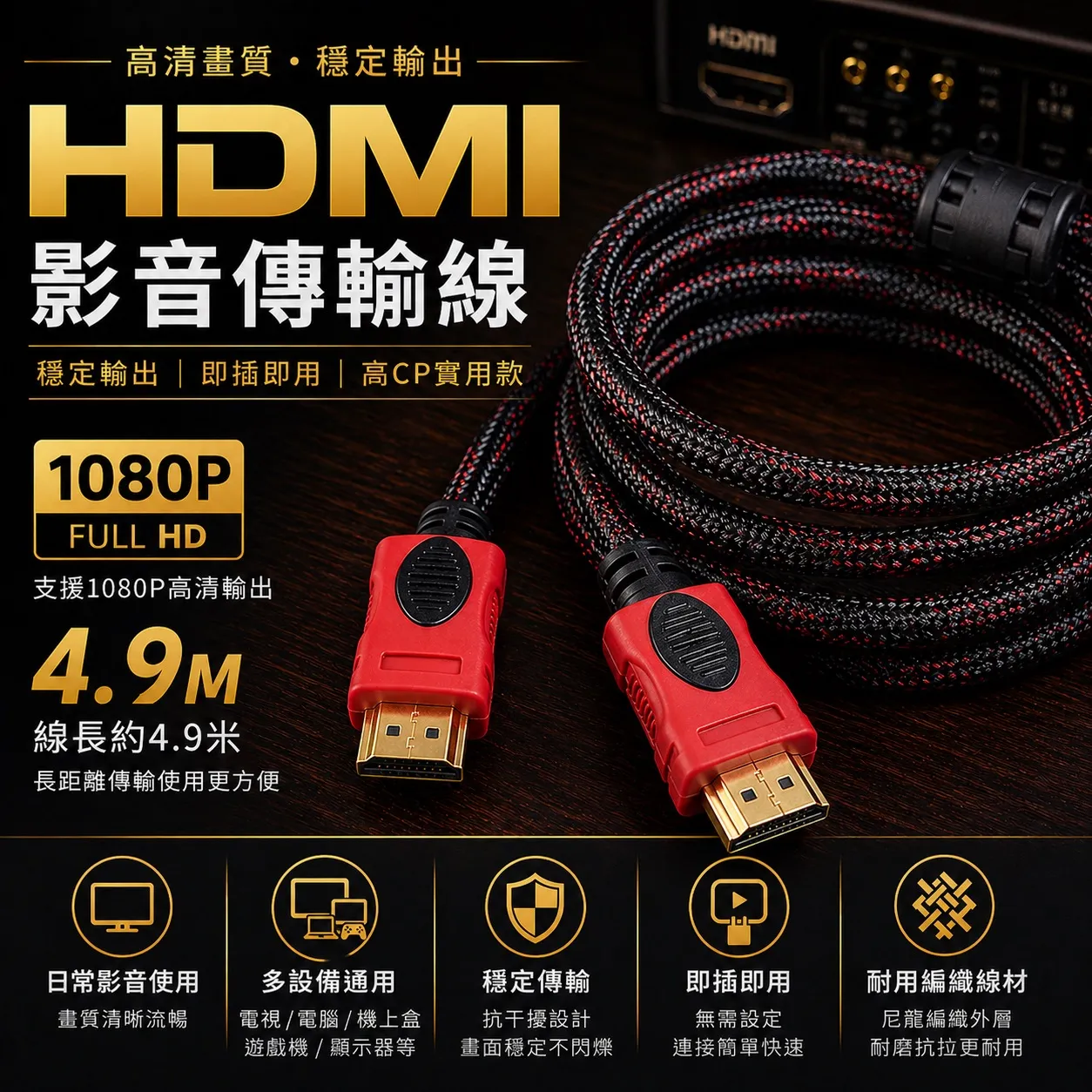 【丹嘜仕配件】高畫質HDMI影音傳輸線 4.9M 穩定輸出 即插即用 高CP實用 1080P 家用影音必備