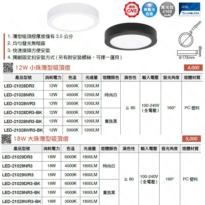 舞光 LED 12W/18W 吸頂燈 (LED-21028/LED-21029) 白框/黑框 多款可選