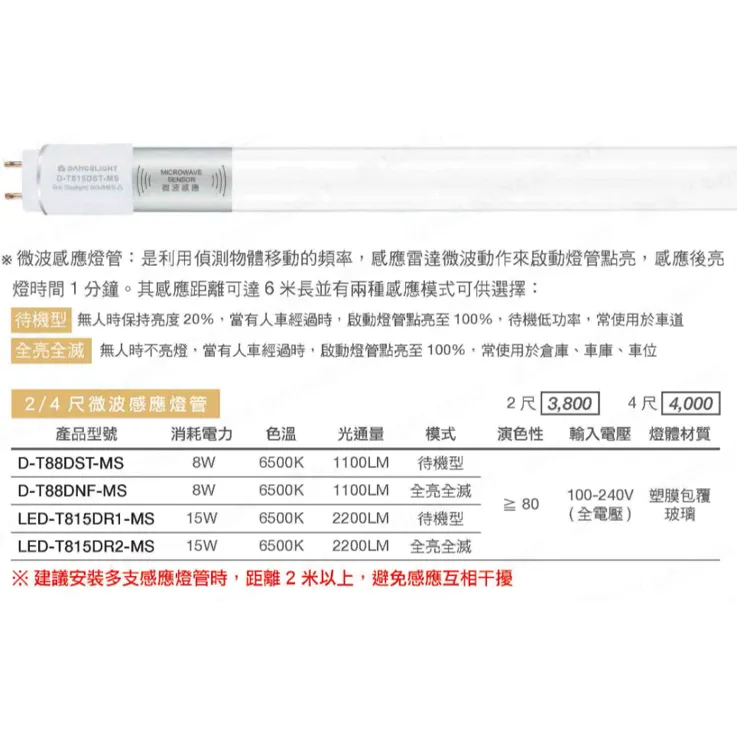 舞光 T8 LED 2尺.4尺 微波感應燈管 待機型/全亮全滅 室內停車場 倉庫燈車庫燈 D-T88T-MS  LED-T815-MS