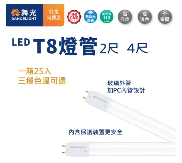 舞光LED T8 2尺 / 4尺 燈管 全電壓 (1箱25入) LED-T8-10W-GL LED-T8-20W-GL(箱購價)