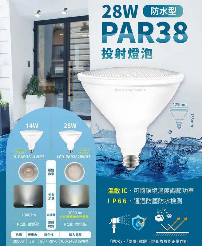 舞光 防水型LED E27燈頭 14W 28W PAR38 投射燈泡 IP66全電壓 LED-PAR38
