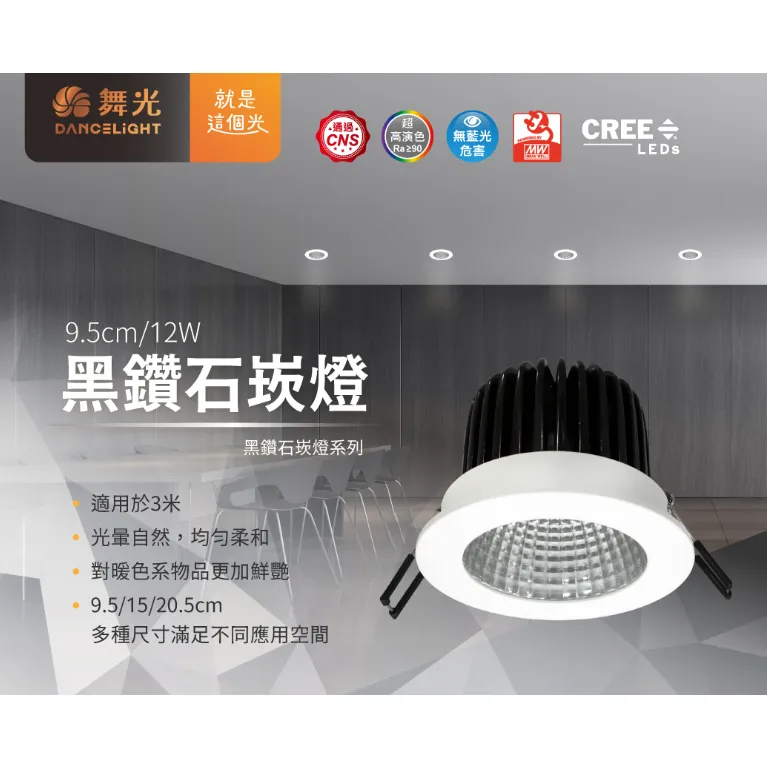 舞光 LED 12W 黑鑽石崁燈 崁入孔9.5公分 柔光不刺眼 三種色溫可選 LED-9